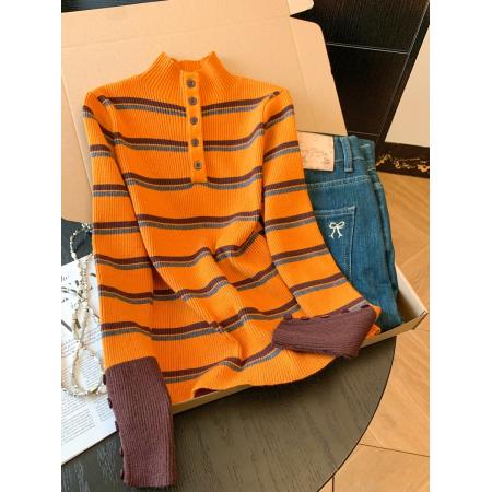 FA47636# 慵懒条纹针织衫半开领修身打底衫秋季百搭羊毛软糯上衣女  服裝批發女裝批發服飾貨源