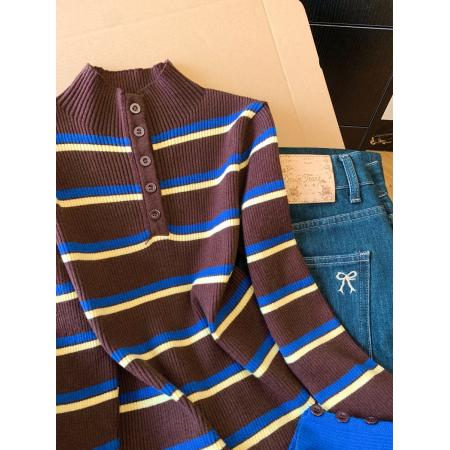 FA47636# 慵懒条纹针织衫半开领修身打底衫秋季百搭羊毛软糯上衣女  服裝批發女裝批發服飾貨源