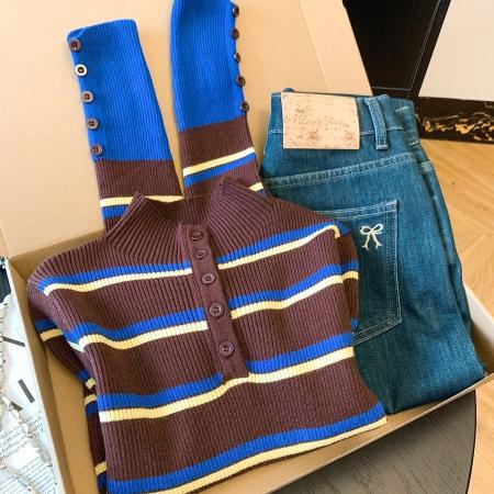 FA47636# 慵懒条纹针织衫半开领修身打底衫秋季百搭羊毛软糯上衣女  服裝批發女裝批發服飾貨源