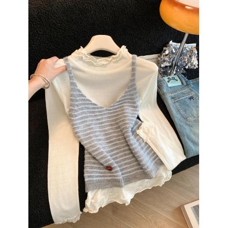 两件套条纹吊带叠穿木耳边针织衫女温柔风减龄上衣  服裝批發女裝批發服飾貨源