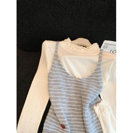 FA47638# 两件套条纹吊带叠穿木耳边针织衫女温柔风减龄上衣  服裝批發女裝批發服飾貨源
