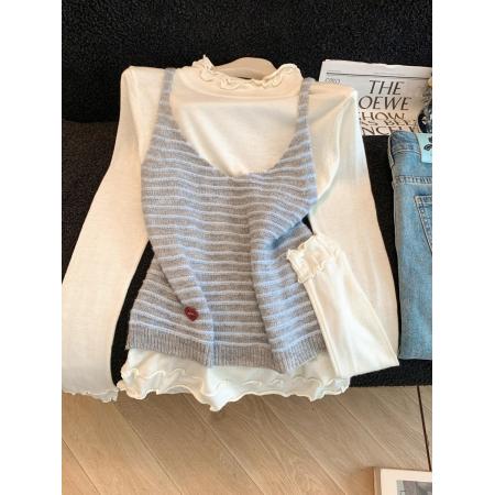 FA47638# 两件套条纹吊带叠穿木耳边针织衫女温柔风减龄上衣  服裝批發女裝批發服飾貨源