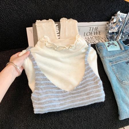 FA47638# 两件套条纹吊带叠穿木耳边针织衫女温柔风减龄上衣  服裝批發女裝批發服飾貨源