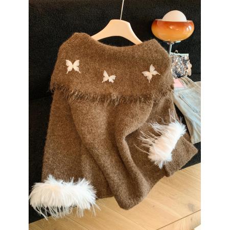 高级感咖色蝴蝶结一字肩毛衣女秋冬韩版氛围感宽松慵懒风上衣  服裝批發女裝批發服飾貨源