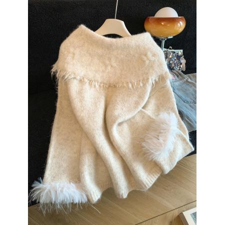 FA47639# 高级感咖色蝴蝶结一字肩毛衣女秋冬韩版氛围感宽松慵懒风上衣  服裝批發女裝批發服飾貨源