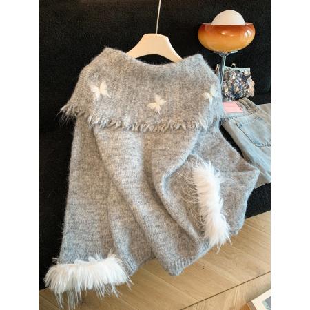 FA47639# 高级感咖色蝴蝶结一字肩毛衣女秋冬韩版氛围感宽松慵懒风上衣  服裝批發女裝批發服飾貨源