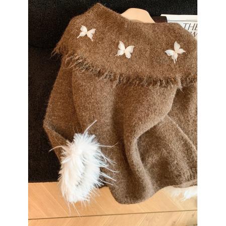 FA47639# 高级感咖色蝴蝶结一字肩毛衣女秋冬韩版氛围感宽松慵懒风上衣  服裝批發女裝批發服飾貨源