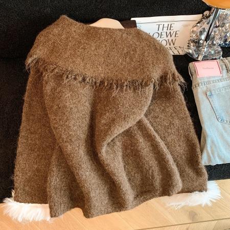 FA47639# 高级感咖色蝴蝶结一字肩毛衣女秋冬韩版氛围感宽松慵懒风上衣  服裝批發女裝批發服飾貨源