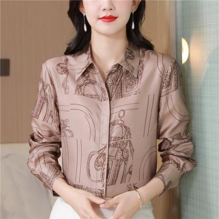 FA47641# 法式爱马大簰品质定位印花重磅斜纹真丝衬衫女士桑蚕丝衬衣  服裝批發女裝批發服飾貨源