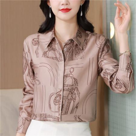 FA47641# 法式爱马大簰品质定位印花重磅斜纹真丝衬衫女士桑蚕丝衬衣  服裝批發女裝批發服飾貨源