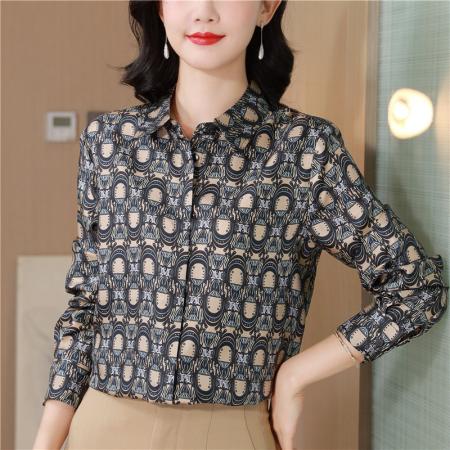 FA47642# 意M@X春秋新款翻领印花单排扣真丝长袖衬衫气质时尚上衣女  服裝批發女裝批發服飾貨源
