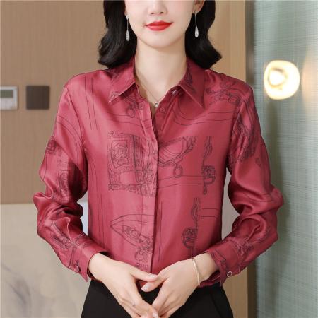 FA47643# 法式爱马柜老渠道!重磅真丝斜纹绸锁链定位印花衬衫桑蚕丝上衣  服裝批發女裝批發服飾貨源