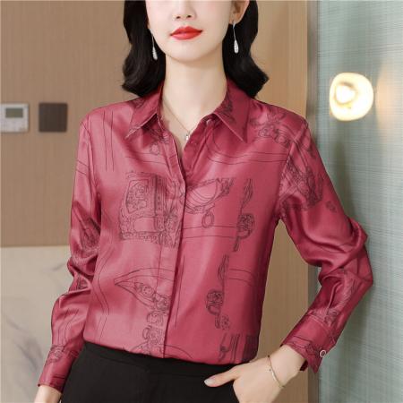 FA47643# 法式爱马柜老渠道!重磅真丝斜纹绸锁链定位印花衬衫桑蚕丝上衣  服裝批發女裝批發服飾貨源