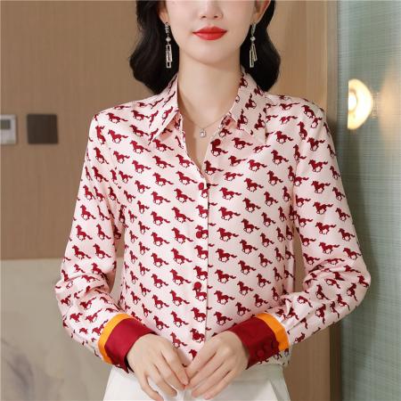 FA47646# 小马印花长袖斜纹真丝衬衫女秋装新款翻领通勤修身短款上衣女  服裝批發女裝批發服飾貨源