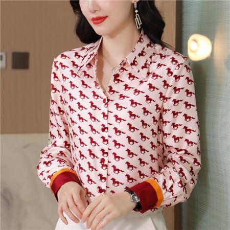FA47646# 小马印花长袖斜纹真丝衬衫女秋装新款翻领通勤修身短款上衣女  服裝批發女裝批發服飾貨源