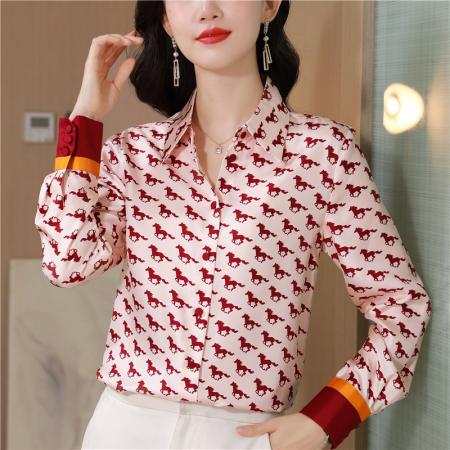 FA47646# 小马印花长袖斜纹真丝衬衫女秋装新款翻领通勤修身短款上衣女  服裝批發女裝批發服飾貨源