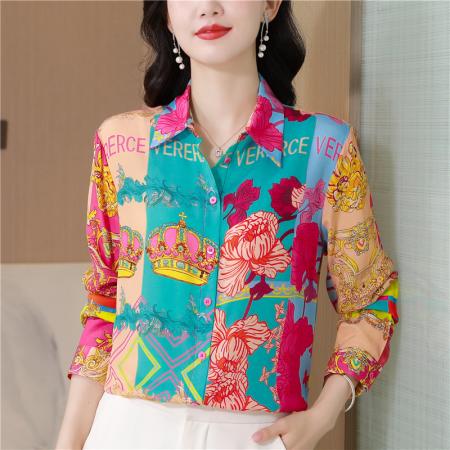 FA47652# 重磅真丝衬衫女上衣春秋装新款长袖大码气质印花桑蚕丝衬衣女  服裝批發女裝批發服飾貨源