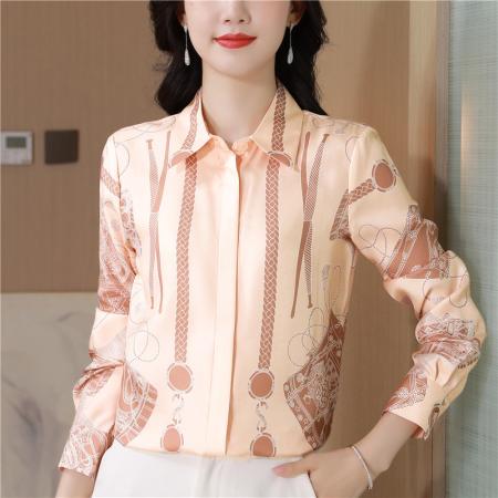 FA47653# 重磅真丝衬衫女上衣春秋装新款大码印花桑蚕丝气质长袖衬衣女  服裝批發女裝批發服飾貨源