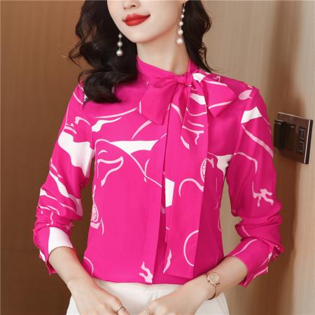 FA47654# 优雅柜单谁穿谁美气质侧边系带蝴蝶结印花双绉真丝衬衫女长袖  服裝批發女裝批發服飾貨源