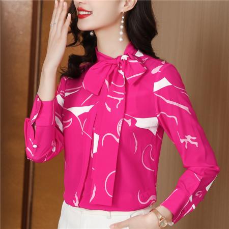 FA47654# 优雅柜单谁穿谁美气质侧边系带蝴蝶结印花双绉真丝衬衫女长袖  服裝批發女裝批發服飾貨源