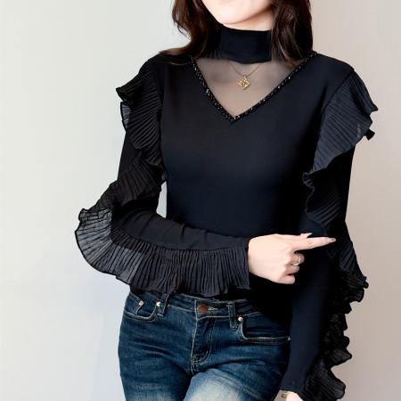 FA47657# 抓毛新款长袖圆领网纱拼接时尚荷叶边压褶t恤女时尚打底衫潮  服裝批發女裝批發服飾貨源