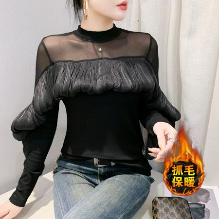 FA47658# 抓毛新款长袖圆领网纱拼接时尚荷叶边压褶t恤女时尚打底衫潮  服裝批發女裝批發服飾貨源