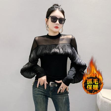 FA47658# 抓毛新款长袖圆领网纱拼接时尚荷叶边压褶t恤女时尚打底衫潮  服裝批發女裝批發服飾貨源