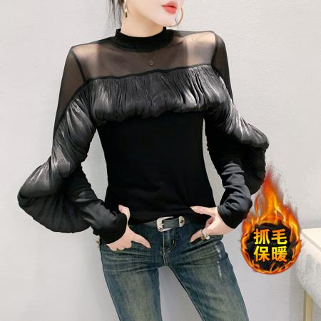 FA47658# 抓毛新款长袖圆领网纱拼接时尚荷叶边压褶t恤女时尚打底衫潮  服裝批發女裝批發服飾貨源