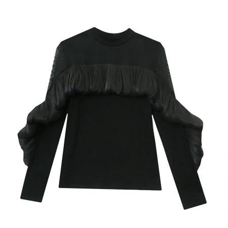 FA47658# 抓毛新款长袖圆领网纱拼接时尚荷叶边压褶t恤女时尚打底衫潮  服裝批發女裝批發服飾貨源