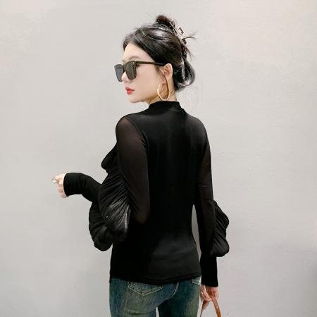 FA47658# 抓毛新款长袖圆领网纱拼接时尚荷叶边压褶t恤女时尚打底衫潮  服裝批發女裝批發服飾貨源