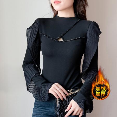 FA47659# 抓毛长袖半高领时尚荷叶边压褶手工钉珠t恤女时尚打底衫潮  服裝批發女裝批發服飾貨源