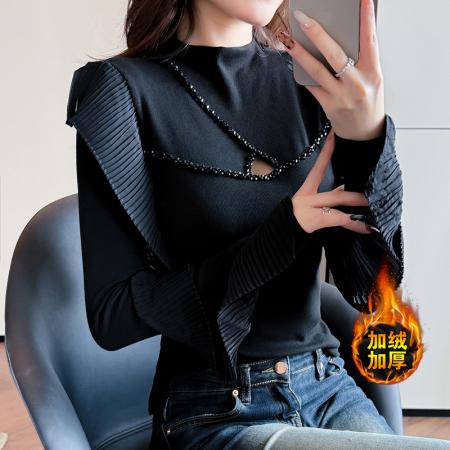 FA47659# 抓毛长袖半高领时尚荷叶边压褶手工钉珠t恤女时尚打底衫潮  服裝批發女裝批發服飾貨源