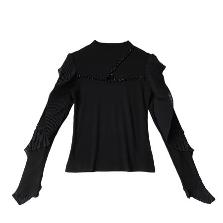 FA47659# 抓毛长袖半高领时尚荷叶边压褶手工钉珠t恤女时尚打底衫潮  服裝批發女裝批發服飾貨源