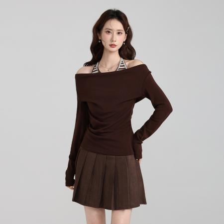 FA47660# 韩系荡领挂脖吊带假两件长袖T恤女秋季显瘦打底内搭上衣  服裝批發女裝批發服飾貨源