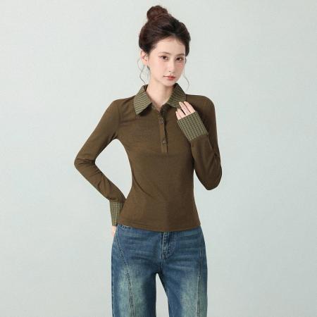 FA47661# 韩系拼接假两件格纹POLO领长袖T恤女秋季收腰打底衫上衣  服裝批發女裝批發服飾貨源