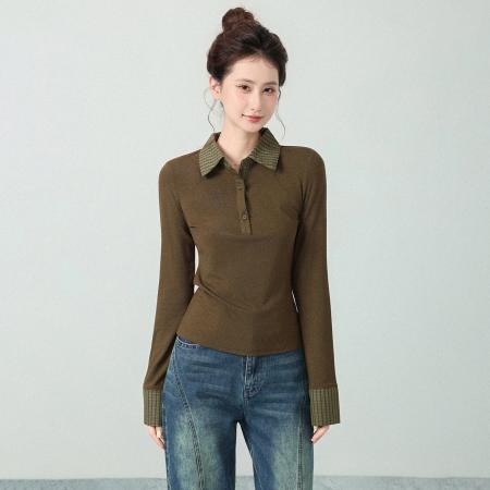 FA47661# 韩系拼接假两件格纹POLO领长袖T恤女秋季收腰打底衫上衣  服裝批發女裝批發服飾貨源