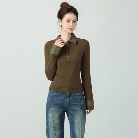 FA47661# 韩系拼接假两件格纹POLO领长袖T恤女秋季收腰打底衫上衣  服裝批發女裝批發服飾貨源