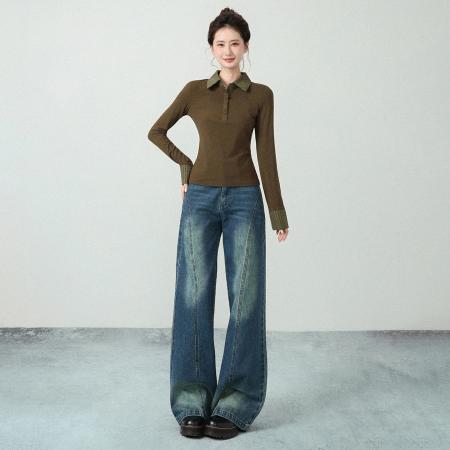 FA47661# 韩系拼接假两件格纹POLO领长袖T恤女秋季收腰打底衫上衣  服裝批發女裝批發服飾貨源