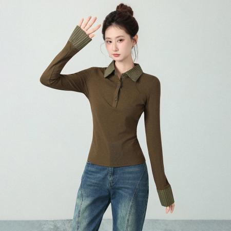 FA47661# 韩系拼接假两件格纹POLO领长袖T恤女秋季收腰打底衫上衣  服裝批發女裝批發服飾貨源