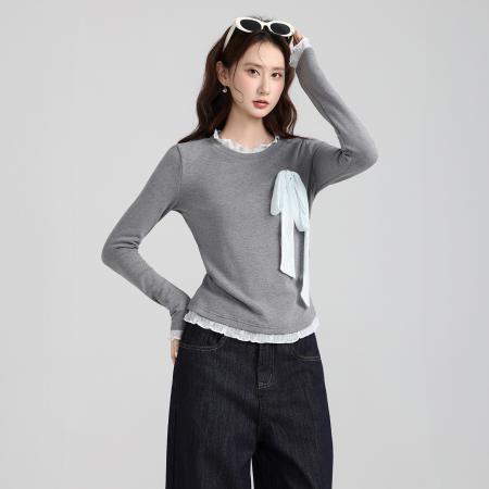 FA47662# 假两件拼接蕾丝蝴蝶结绑带褶皱长袖打底衫秋冬修身上衣女  服裝批發女裝批發服飾貨源