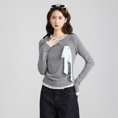 FA47662# 假两件拼接蕾丝蝴蝶结绑带褶皱长袖打底衫秋冬修身上衣女  服裝批發女裝批發服飾貨源