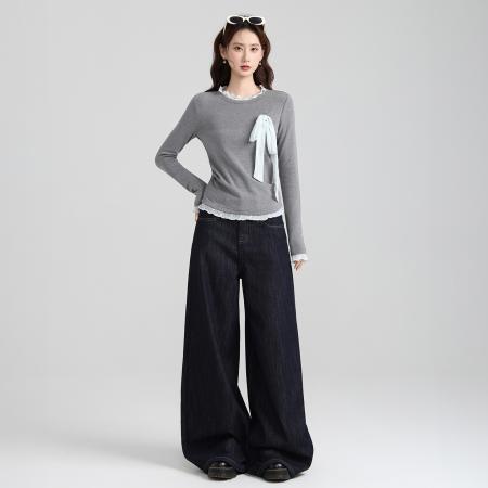 FA47662# 假两件拼接蕾丝蝴蝶结绑带褶皱长袖打底衫秋冬修身上衣女  服裝批發女裝批發服飾貨源