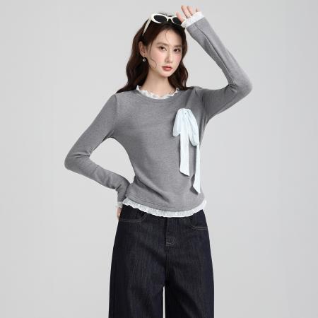 FA47662# 假两件拼接蕾丝蝴蝶结绑带褶皱长袖打底衫秋冬修身上衣女  服裝批發女裝批發服飾貨源