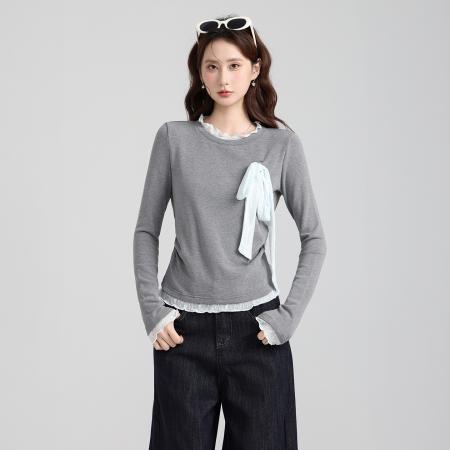 FA47662# 假两件拼接蕾丝蝴蝶结绑带褶皱长袖打底衫秋冬修身上衣女  服裝批發女裝批發服飾貨源