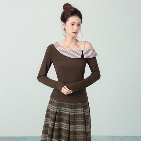 FA47663# 撞色新款设计感假两件格纹拼接长袖T恤女秋内搭打底上衣  服裝批發女裝批發服飾貨源