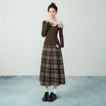 FA47663# 撞色新款设计感假两件格纹拼接长袖T恤女秋内搭打底上衣  服裝批發女裝批發服飾貨源