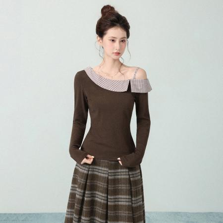 FA47663# 撞色新款设计感假两件格纹拼接长袖T恤女秋内搭打底上衣  服裝批發女裝批發服飾貨源