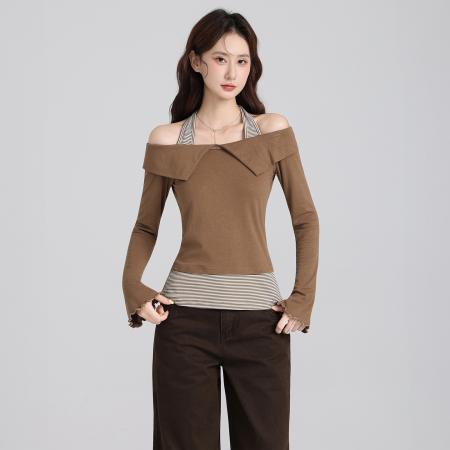 FA47664# 一字肩假两件收腰喇叭袖T恤女秋设计感休闲显瘦露肩上衣  服裝批發女裝批發服飾貨源