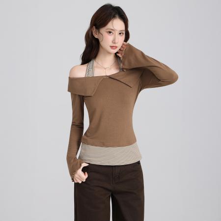 FA47664# 一字肩假两件收腰喇叭袖T恤女秋设计感休闲显瘦露肩上衣  服裝批發女裝批發服飾貨源