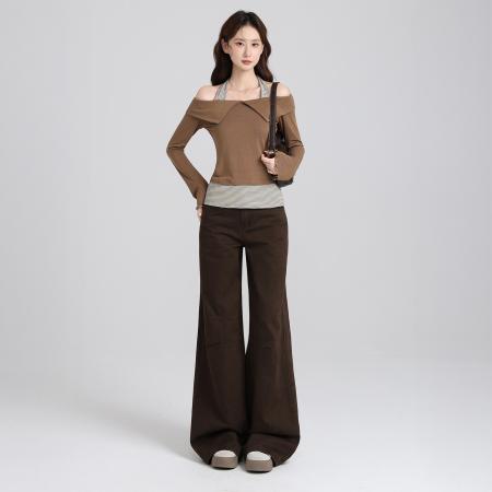 FA47664# 一字肩假两件收腰喇叭袖T恤女秋设计感休闲显瘦露肩上衣  服裝批發女裝批發服飾貨源